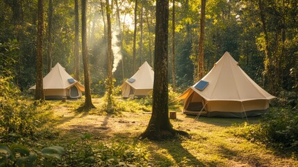 Sunrise Glamping Getaway: Luxurious bell tents nestled amongst towering trees bathed in the golden light of dawn, offering a tranquil escape into nature's embrace. 