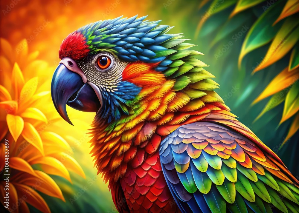 Poster colorful parrot bird drawing with intricate patterns and vibrant feathers on a bright background
