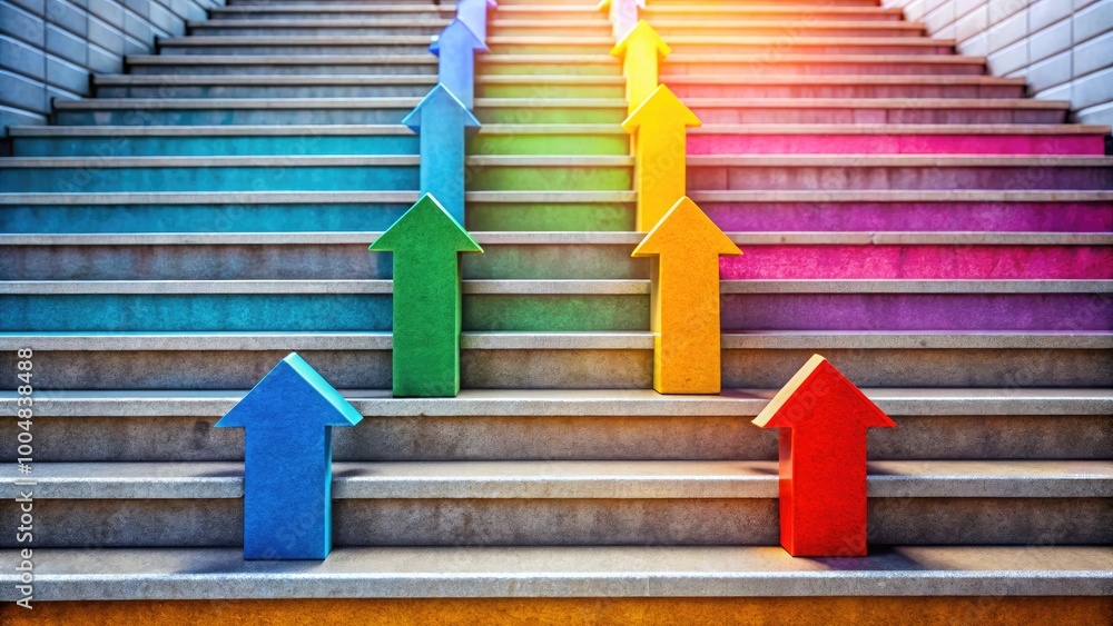 Poster colorful steps to action with vibrant arrows representing progress and motivation in business contex