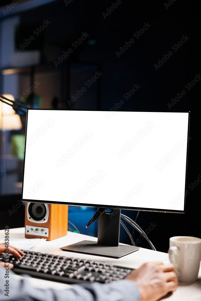 Poster african american man staring at white screen on computer, working from home with blank empty copyspa