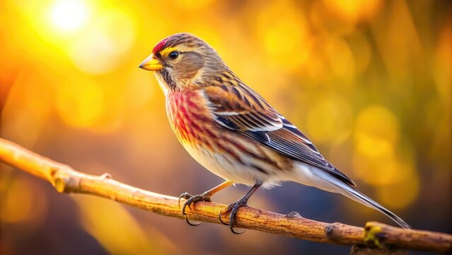 Colorful twite bird perched on a branch against a soft blurred natural background in sunlight
