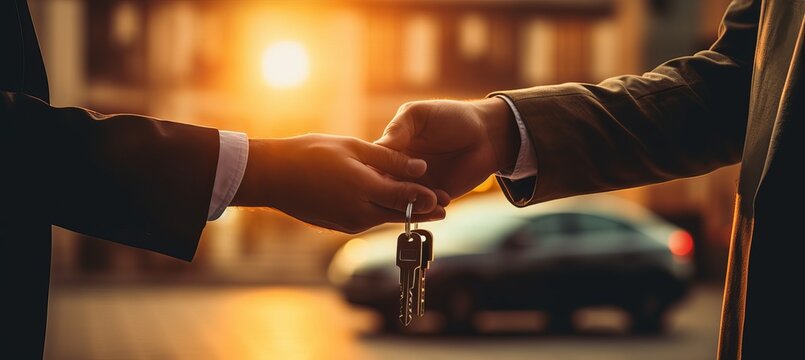Two business professionals exchanging keys during a sunset in an urban setting