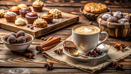 Fototapeta premium Cozy Coffee and Sweet Treats Spread on a Rustic Wooden Table Perfect for Afternoon Indulgence