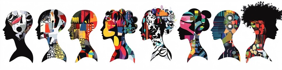 Colorful silhouettes of diverse people holding hands, Diversity Equity and Inclusion, modern company background