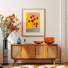  Fresh blooms in bright orange and yellow sit atop a wooden sideboard, framed by geometric decor and a retro glass dish, creating a cheerful modern space. Mock up. 