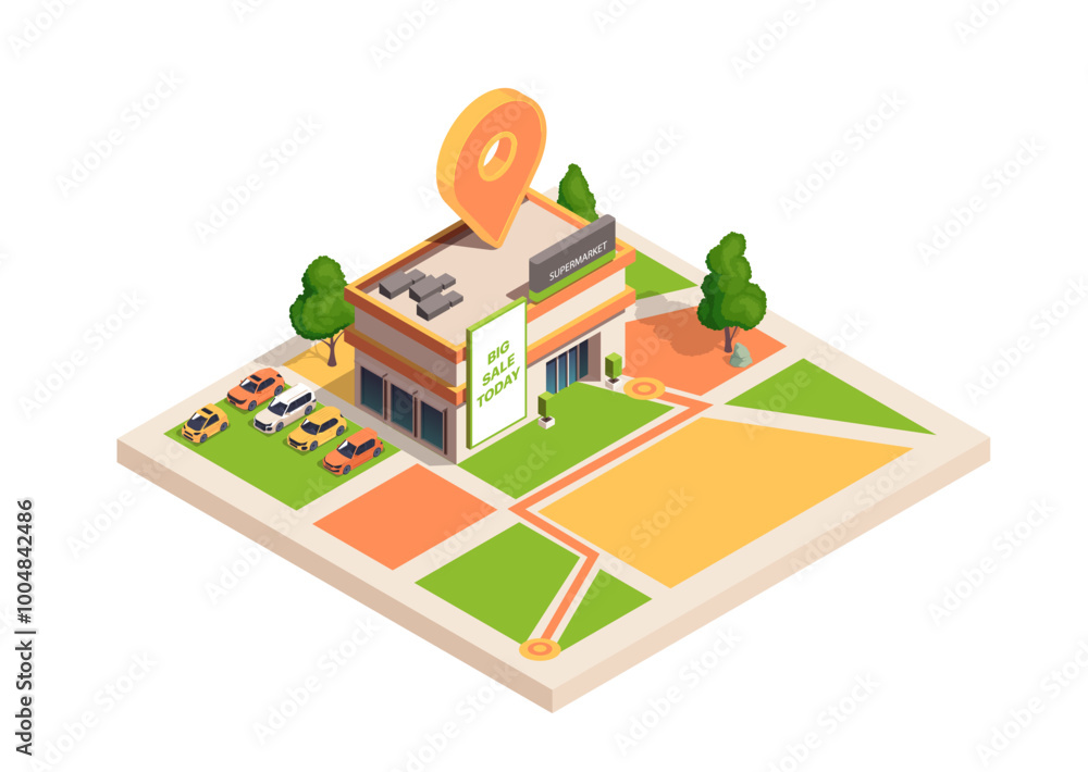 Aufkleber gps navigation isometric. gps pin at building. geolocation and navigation. part of urban map. destin