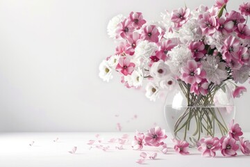 Naklejka premium Pink and white flowers in vase on white background.