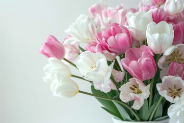 Obraz premium Pink and white flowers in vase on white background.