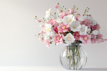 Fototapeta premium Pink and white flowers in vase on white background.