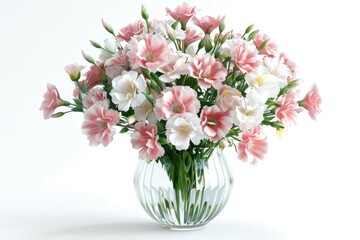 Obraz premium Pink and white flowers in vase on white background.