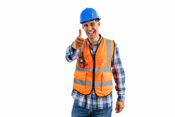 Satisfied construction worker giving a thumbs-up to the camera white background