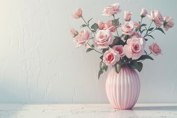 Pink roses in vase against old white wall.