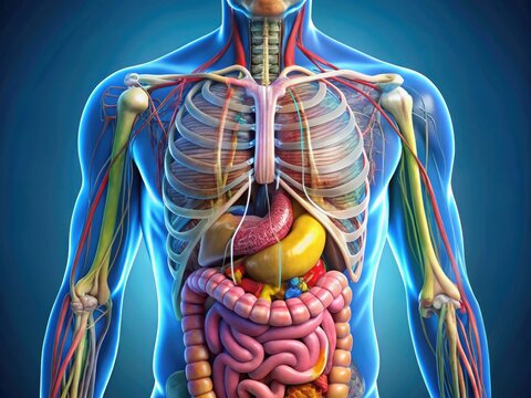 Detailed Anatomical Illustration of the Human Epigastrium Region with Labeled Organs and Structures