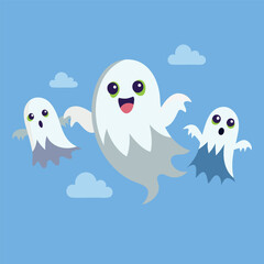 Cute Cartoon Ghosts Flying in the Sky Illustration For Halloween