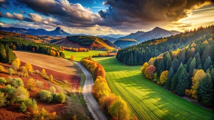 Naklejka premium Divided landscape showcasing contrasting environments with vibrant colors and distinct textures.