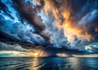 Fototapeta premium Dramatic Stormy Clouds Over Sea with Rain and Turbulent Sky Captured in Generative AI Imagery