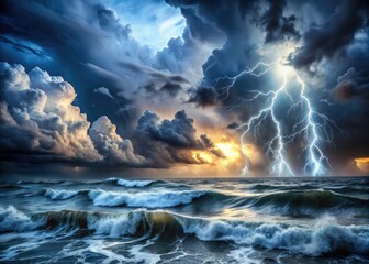 Fototapeta premium Dramatic Stormy Sea with Dark Clouds and Lightning Over Crashing Waves, Generative AI Imagery