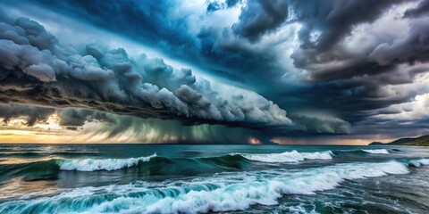 Naklejka premium Dramatic Stormy Seascape with Dark Clouds Over the Ocean Capturing Nature's Raw Power and Beauty