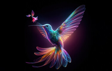 Obraz premium Beautiful colorful hummingbird bird on black background created with artificial intelligence, dispersion and splatter effect 