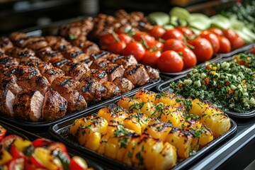 catering buffet presentation in a modern restaurant featuring a variety of grilled meats and colorful dishes evoking appetite and a sense of culinary delight in a vibrant setting