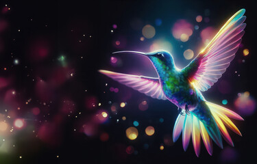 Fototapeta premium Beautiful colorful hummingbird bird on black background created with artificial intelligence, dispersion and splatter effect 