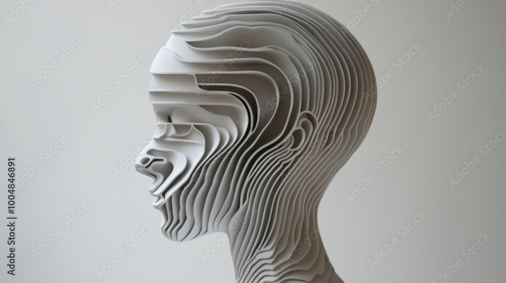 Poster sculptural paper art of a human profile in layered design on white background. modern abstract art c