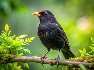 Elegant Blackbird Perched on a Branch in a Lush Green Environment Captured in Natural Light