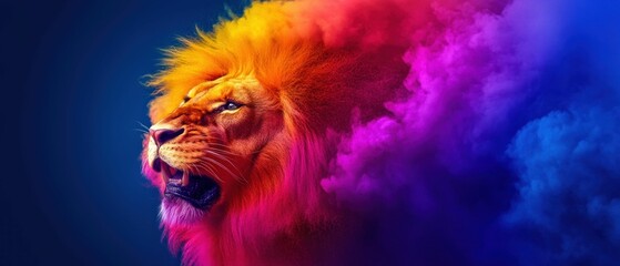 Colorful Lion Portrait in Vibrant Smoke