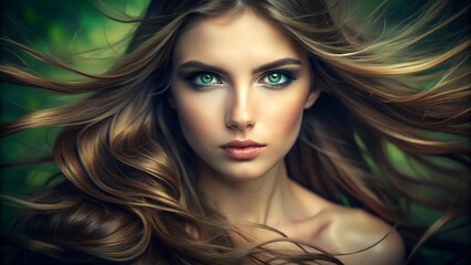 Fototapeta premium A stunning portrait of a young woman with striking green eyes and flowing hair