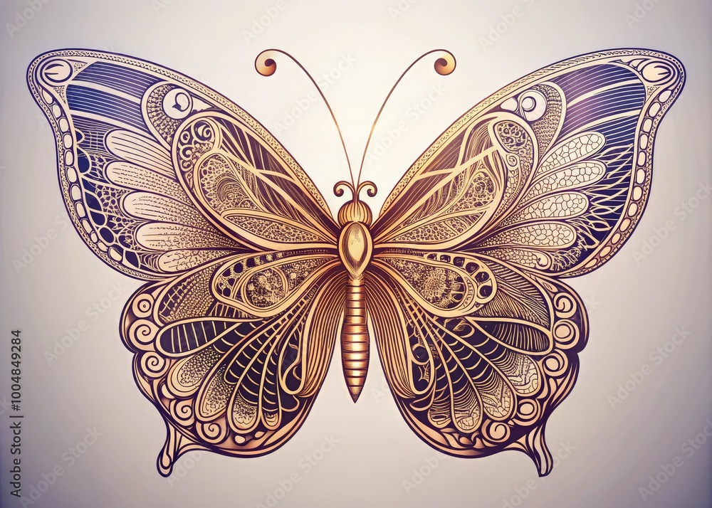 Poster elegant line drawing of a butterfly with intricate details for artistic and creative projects