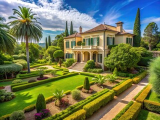 Fototapeta premium Elegant Rothschild Villa Surrounded by Lush Gardens and Scenic Landscape in a Sunny Daylight Setting