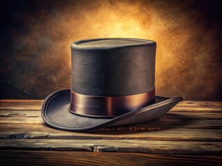 Elegant Stovepipe Hat on a Wooden Table with Soft Lighting and Textured Background for Vintage Style
