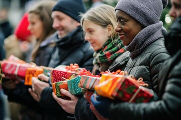 Diverse group holding gifts at Christmas market