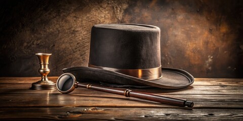 Elegant top hat, monocle, and cane on a vintage table for a sophisticated gentleman's theme