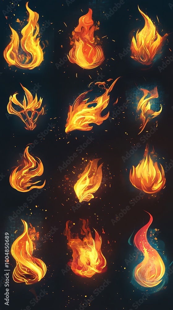 Wall mural lively collection of dancing fire flames creating art on dark canvas image