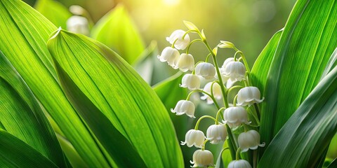 Obraz premium Elegant White Lily of the Valley Blooms with Delicate Green Leaves in a Serene Natural Setting