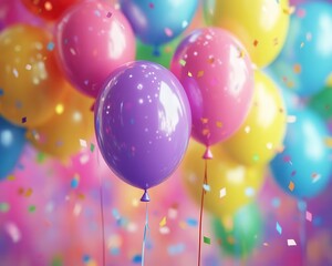 Birthday party decorations with vibrant balloons, colorful streamers, dynamic energy, photo-realism, bright lighting