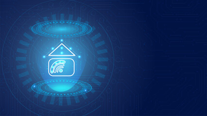 Smart home concept or house technology with automation logo light blue. Modern city building vector editable 