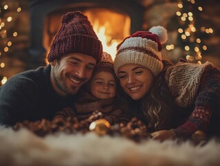 Christmas family portrait by a fireplace, soft lighting, cozy ambiance, warm tones, nostalgic feel, photo-realism