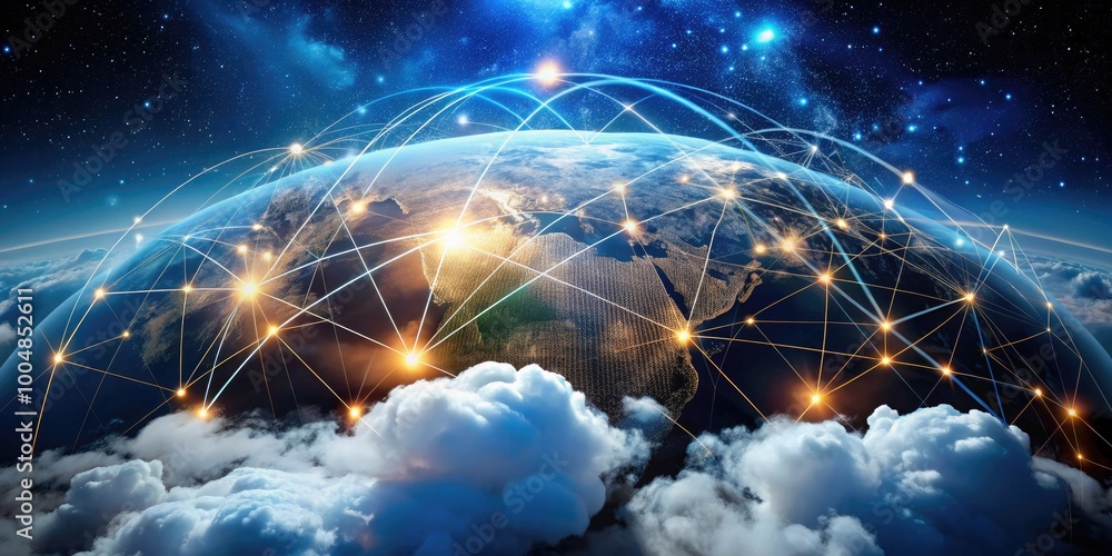 Poster expansive global cloud network representing connectivity and data sharing across nations and contine