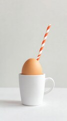 Egg in a white cup with a striped straw, minimalistic creativity concept