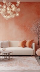 Elegant living room in soft peach tones featuring a modern white sofa, bubble chandelier, and decorative tree, creating a serene and luxurious atmosphere.