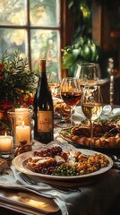 Elegant dinner party setup with candles and gourmet dishes, soft lighting, warm hues, realism, oil painting