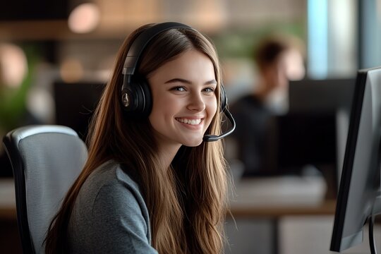 Young woman attire engaging with a client over a headset