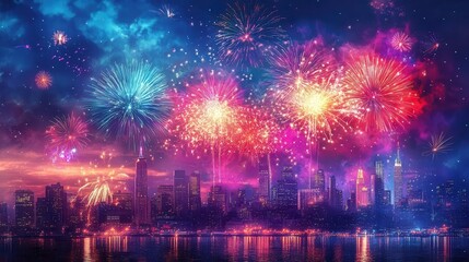 Fourth of July fireworks over a city skyline, vibrant colors, dynamic composition, patriotic atmosphere, realism