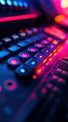 Obraz premium Home entertainment system with sleek tech, vibrant lighting, futuristic design, modern style, high-tech atmosphere