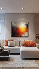 Open concept living area with sleek furniture, vibrant art, soft lighting, modern design, neutral tones, 3D render