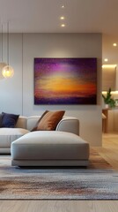 Open concept living area with sleek furniture, vibrant art, soft lighting, modern design, neutral tones, 3D render