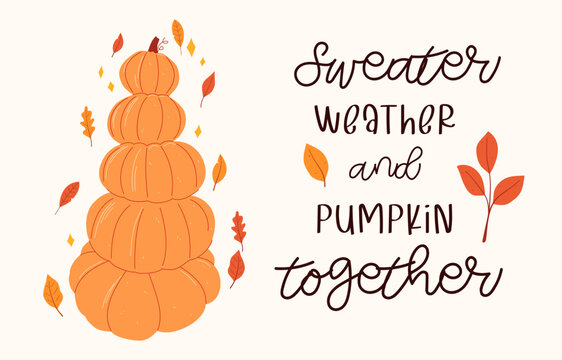 Cute stack of pumpkin with autumn leaves. Illustration with quote "Sweater Weather and Pumpkin Together." Perfect for fall themed greeting cards, decorations, and prints.