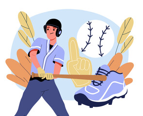 Man plays baseball. Young guy with baseball bat hits ball. Active lifestyle and sports. Competition and tournament. Championship and league. Flat vector illustration isolated on white background